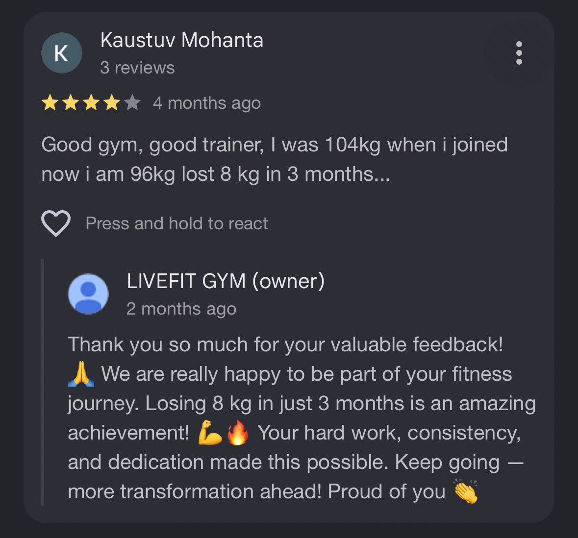 Google review from Livefit member